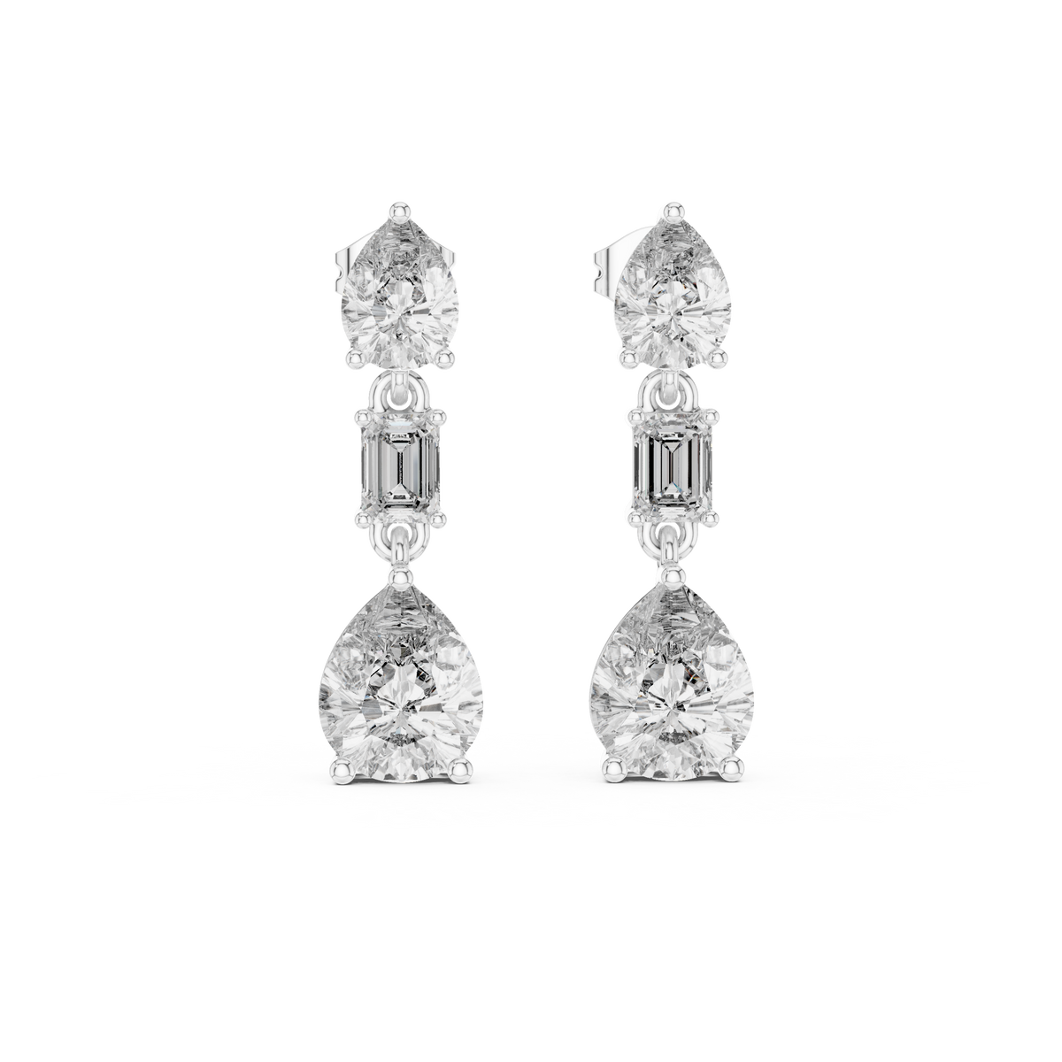 Three Stone Pear & Emerald Cut Lab Diamond Drop Stud Earrings with Vertical Design - View 3