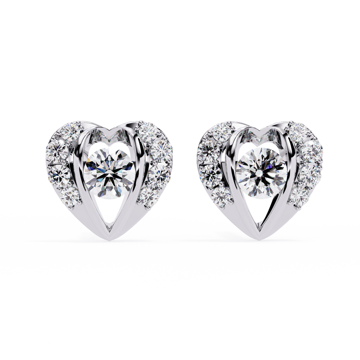 Heart Shaped Moissanite Diamond Stud Earrings with Round Center Stone and Pave Accents - View 3