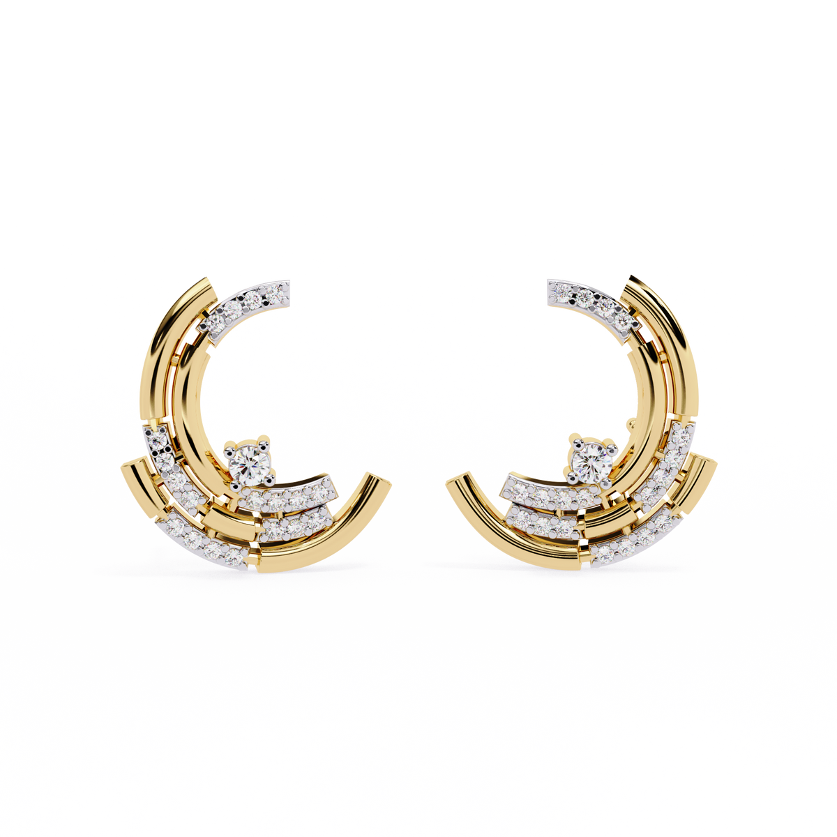 Modern Crescent Round Moissanite Diamond Hoop Arc Earrings with Round Diamond Accents - View 2