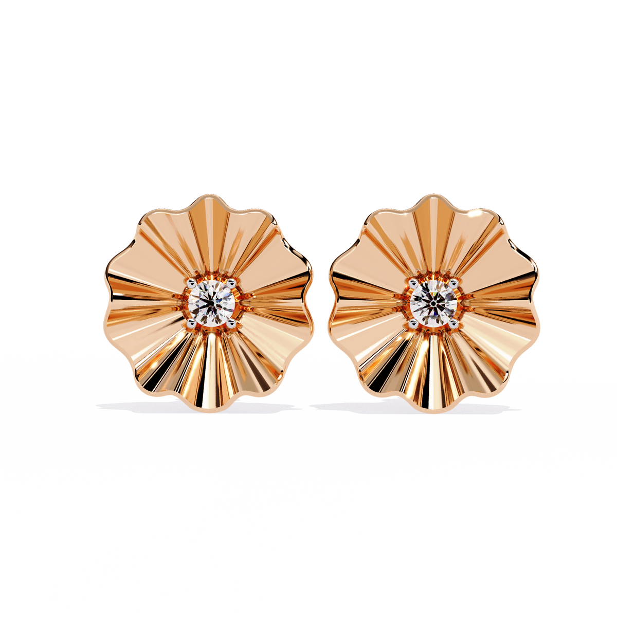 Sunburst Lab Diamond Round Center Flower Stud Earrings with Fluted Design - View 2