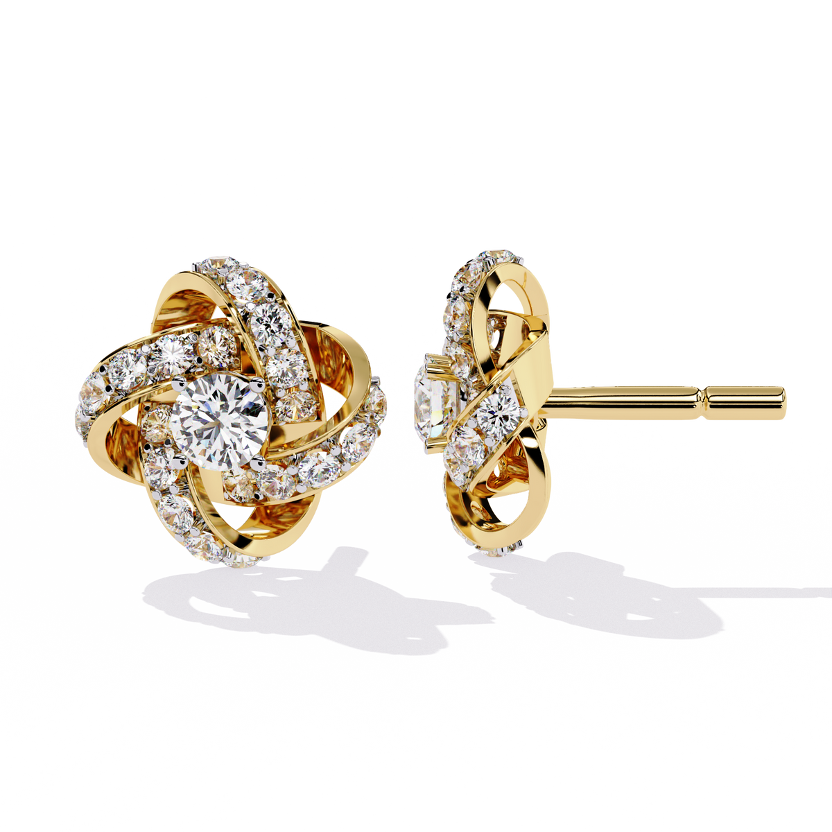 Intricate Floral Swirl Round Cut Lab Diamond Stud Earrings in Luxurious Gold Setting - View 6