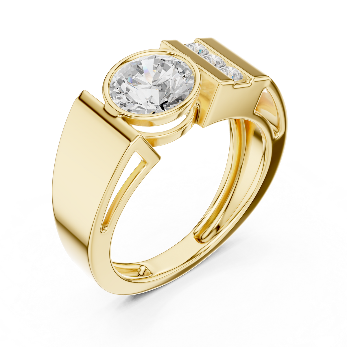 Round Cut Moissanite Diamond Men's Three Stone Side Accent Wedding Ring - View 2