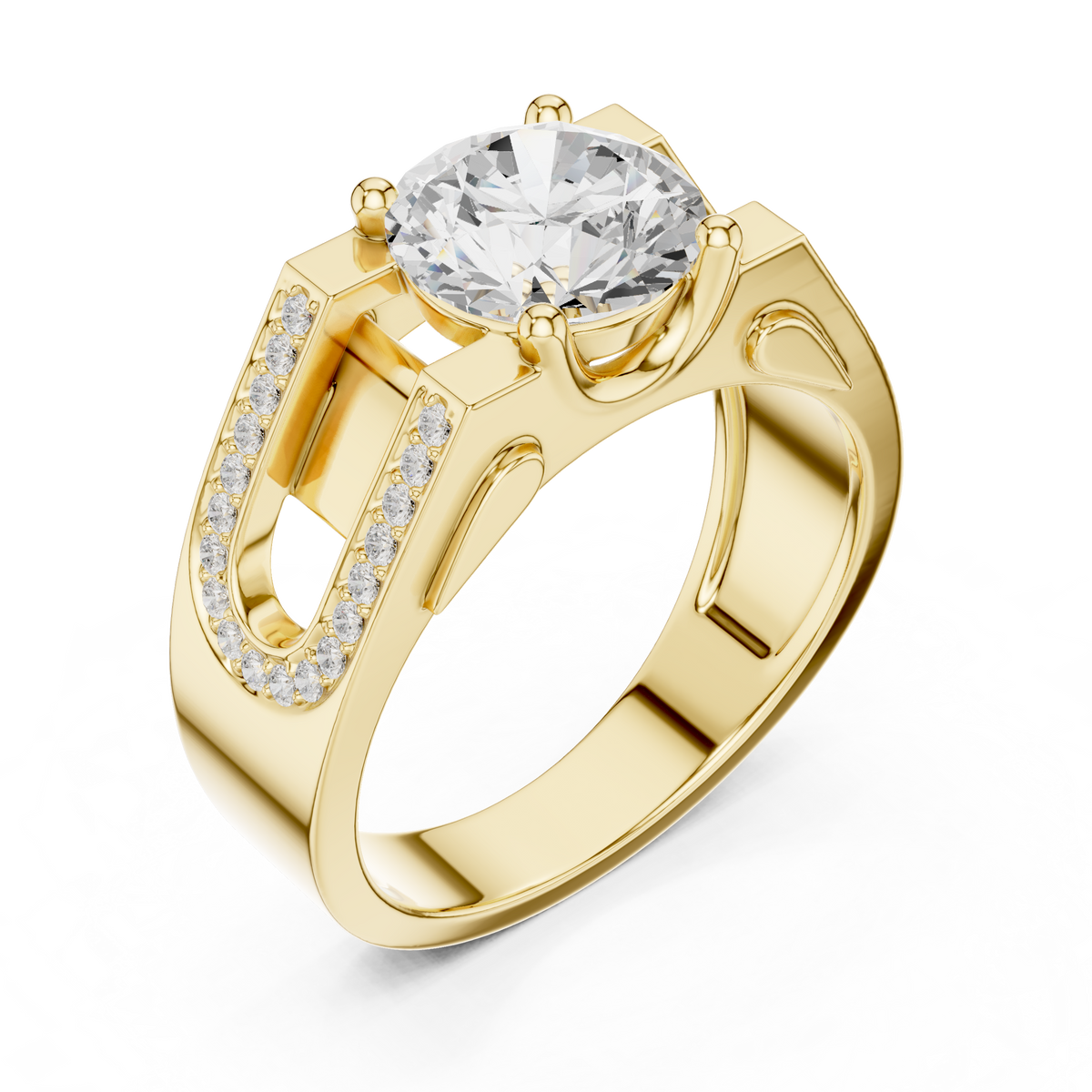 Round Cut Moissanite Diamond Men's Large Solitaire Gold Signet Ring - View 2