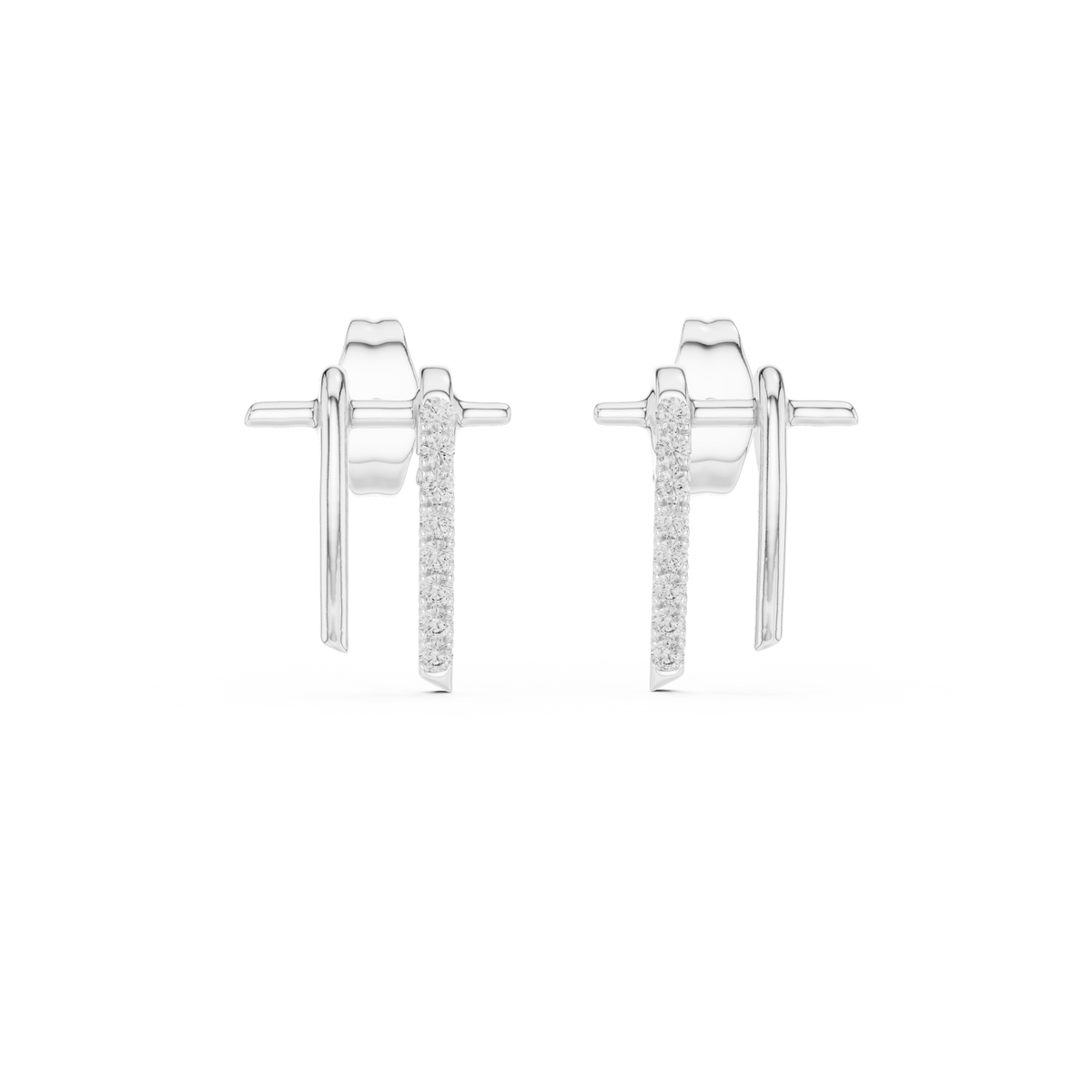Dual Bar Round Lab Diamond Pavé Drop Stud Earrings with Linear Design - View 3