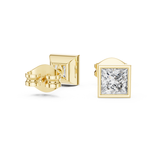 Princess Cut Lab Diamond Square Solitaire Stud Earrings with Bezel - View 2