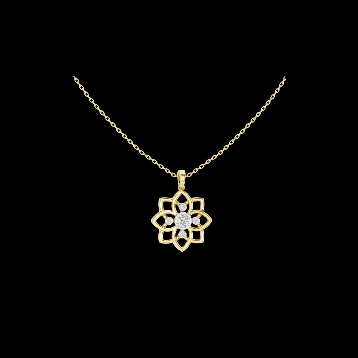 Lotus Motif Flower Pattern Charm Pendant with Round Moissanite Diamond