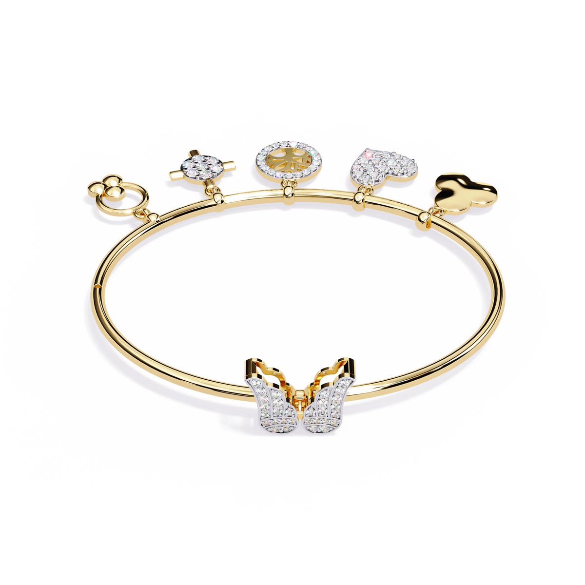Round Lab Diamond Charm Bangle Bracelet Heart & Symbol Charms - View 2