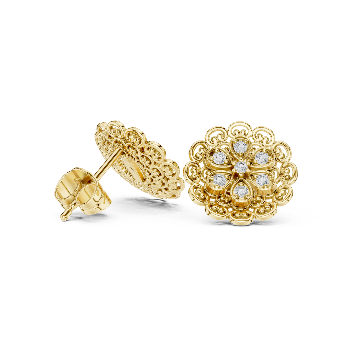 Vintage Lace Floral Round Moissanite Diamond Stud Earrings with Filigree Detailing - View 5
