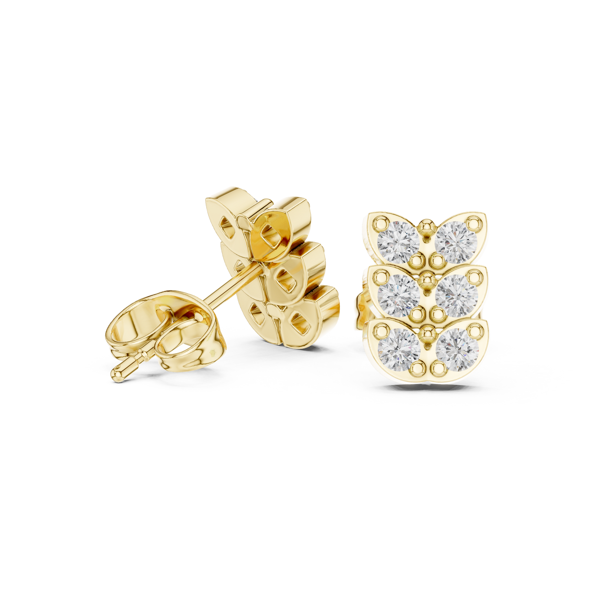 Butterfly Round Moissanite Diamond Stud Earrings with Triple Row Brilliant Design - View 5