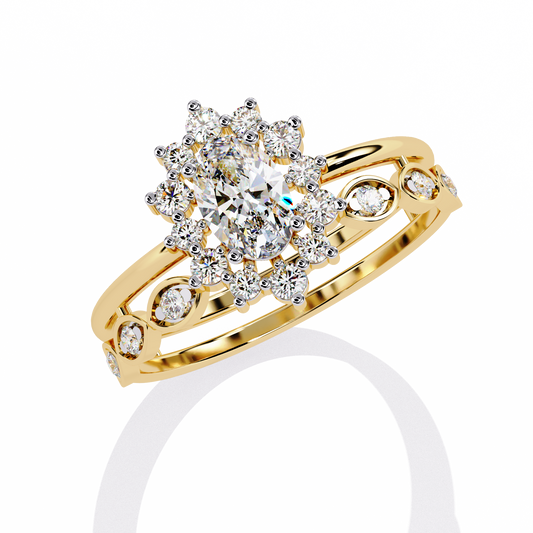 Oval Cut Lab Diamond Floral Halo Wedding Ring With Double Band - View 2