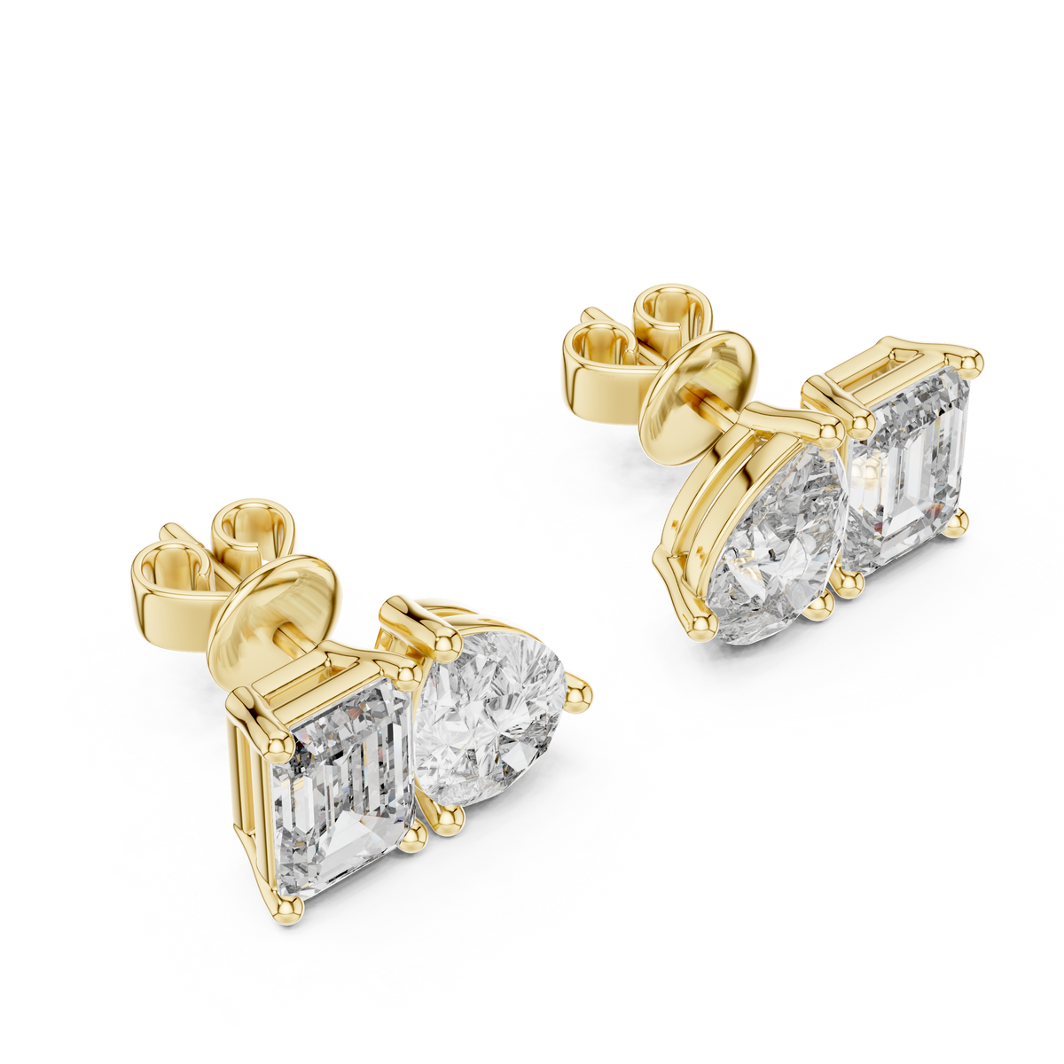Modern Moissanite Diamond Stud Earrings Featuring Emerald Cut and Pear Cut Duo - View 5