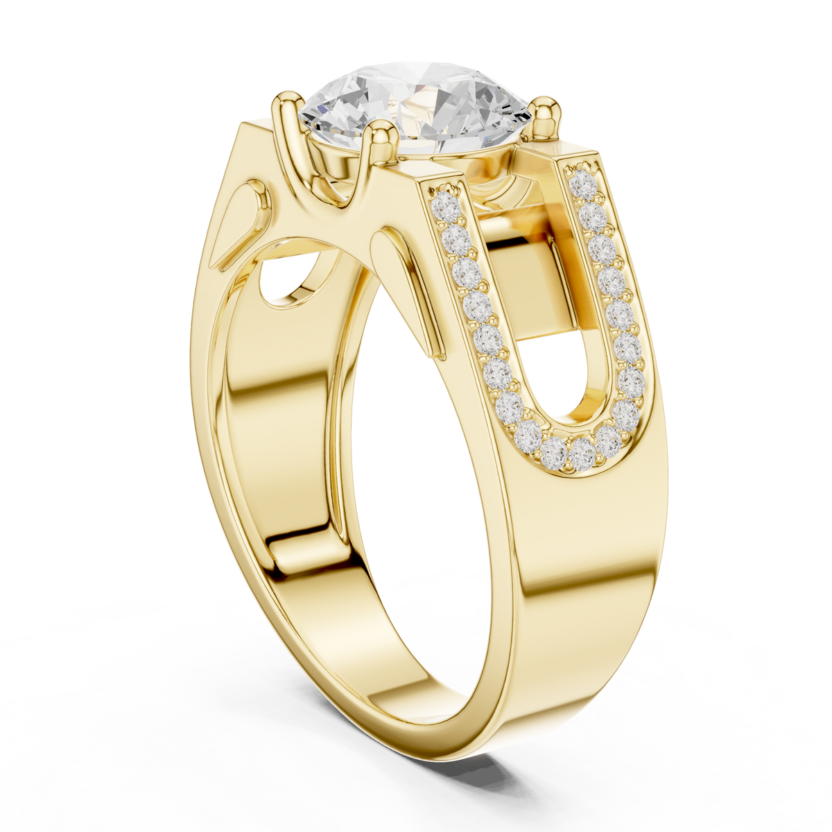 Round Cut Lab Grown Diamond Men's Large Solitaire Gold Signet Ring - View 5
