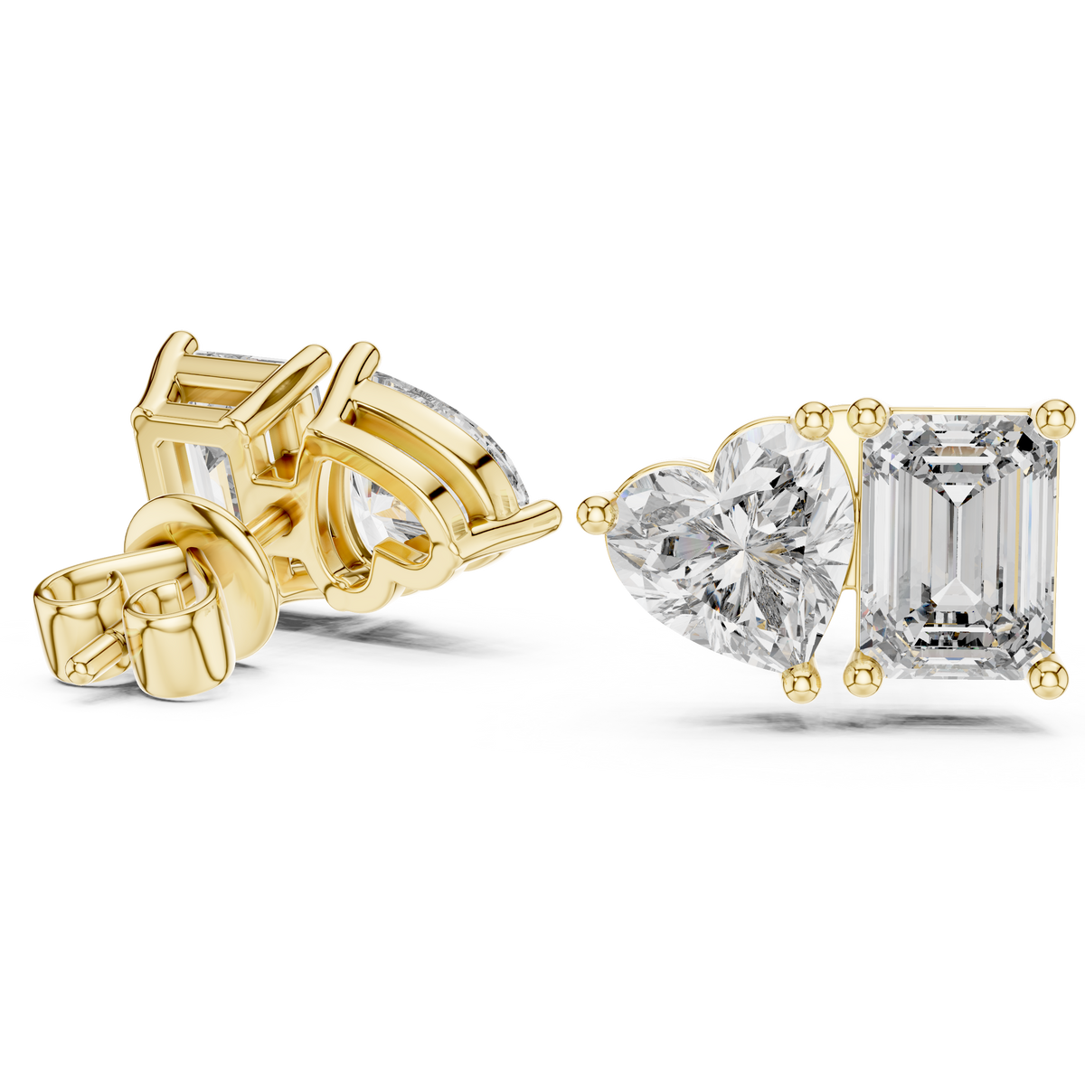 Dual Spark Heart & Emerald Cut Moissanite Diamond Stud Earrings - View 2