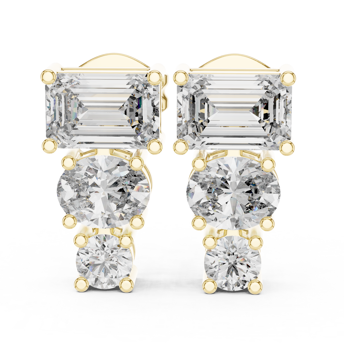 Graduated Three Stone Emerald Oval And Round Lab Diamond Drop Earrings Linear Studs - View 8