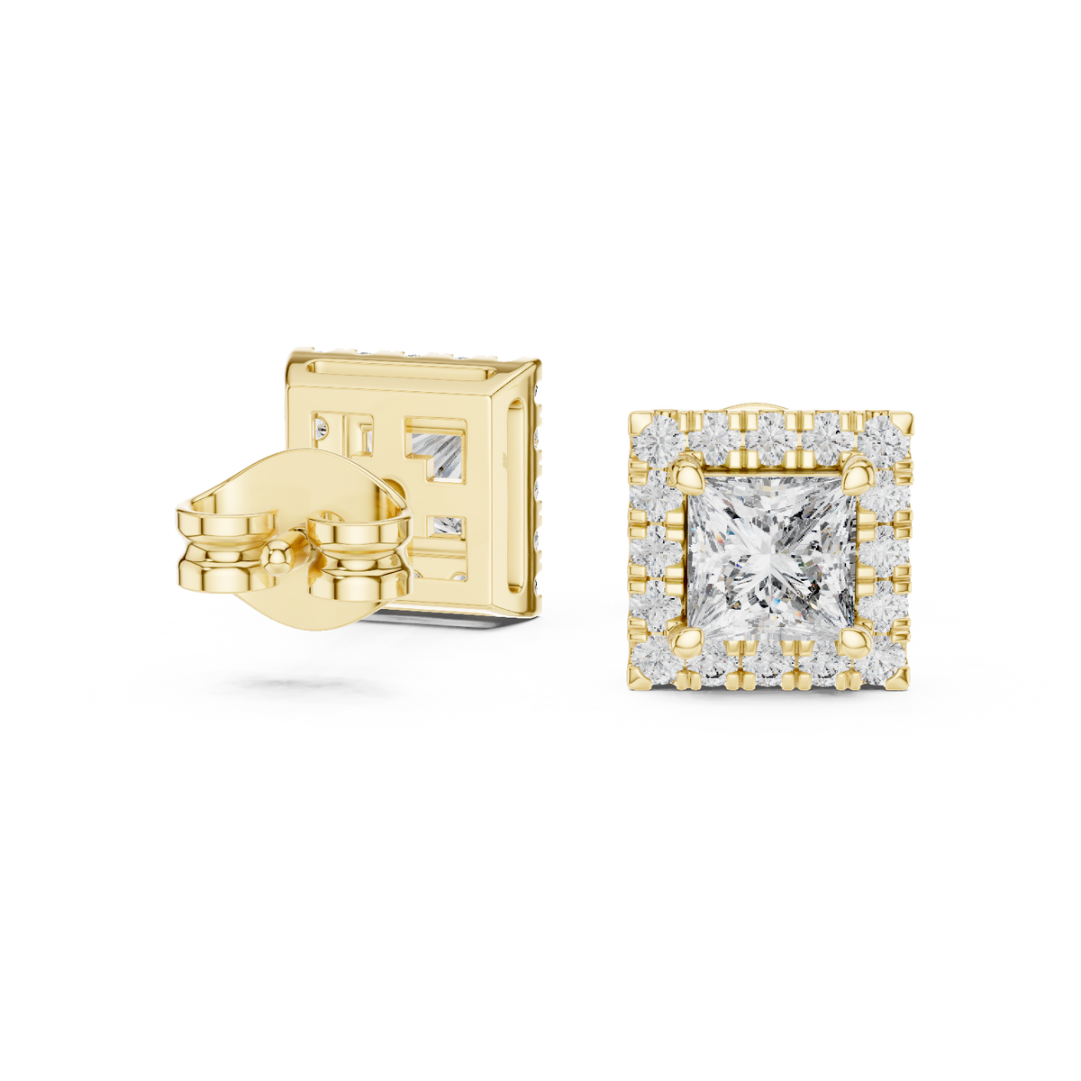 Royal Square Princess Moissanite Diamond Stud Earrings with Halo Round Diamond - View 2
