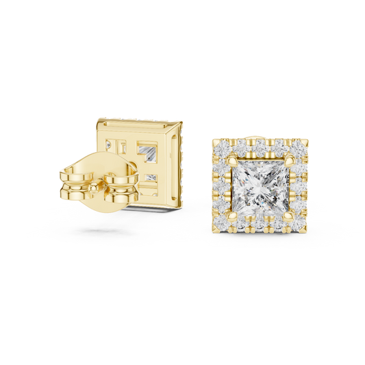 Royal Square Princess Moissanite Diamond Stud Earrings with Halo Round Diamond - View 2