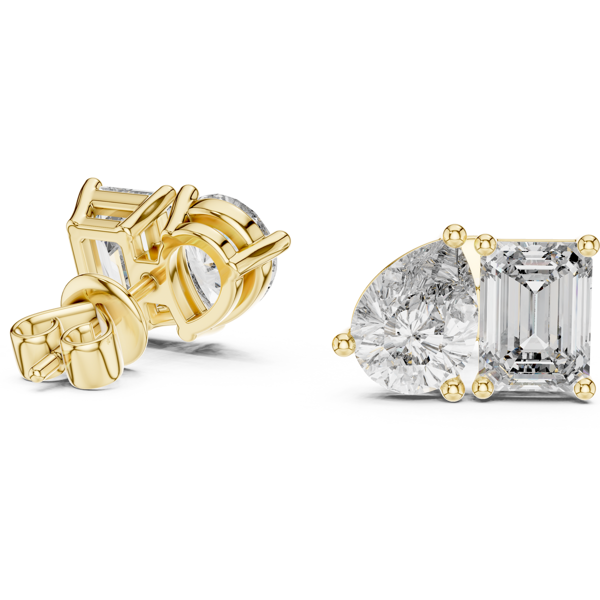Modern Lab Diamond Stud Earrings Featuring Emerald Cut and Pear Cut Duo - View 2