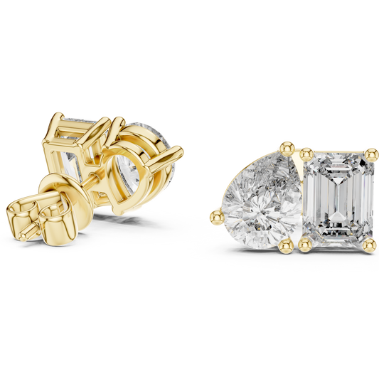 Modern Lab Diamond Stud Earrings Featuring Emerald Cut and Pear Cut Duo - View 2