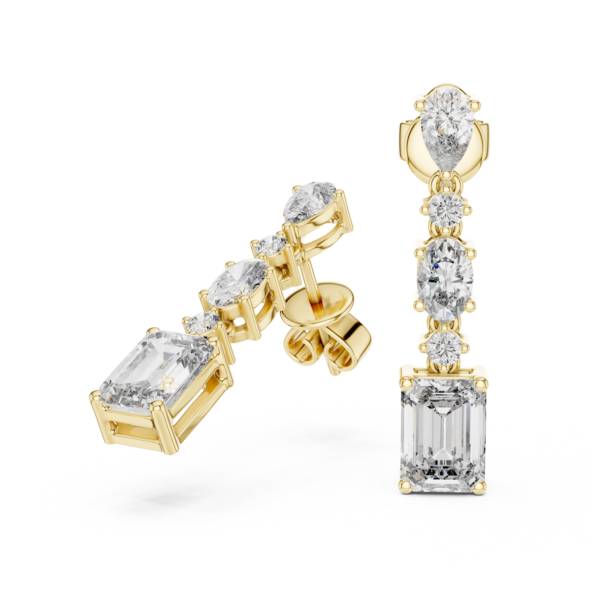 Regal Lineage Emerald Cut Moissanite Diamond Drop Earrings with Pear & Oval Accents - View 5
