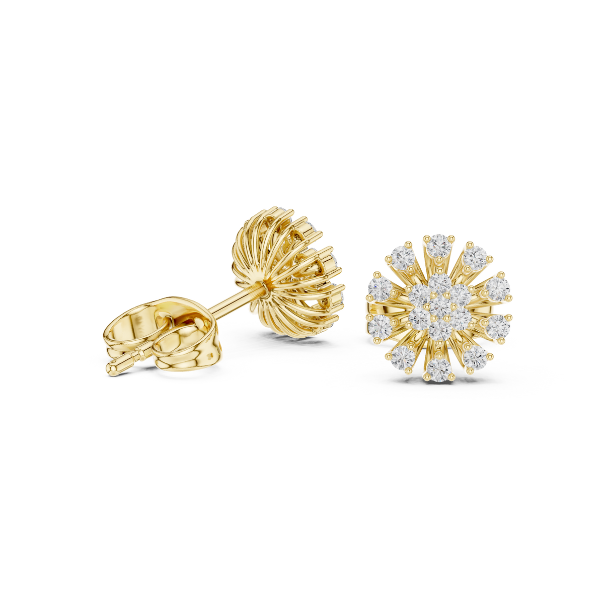 Sunburst Cluster Stud Earrings with Round Brilliant Moissanite Diamonds - View 2