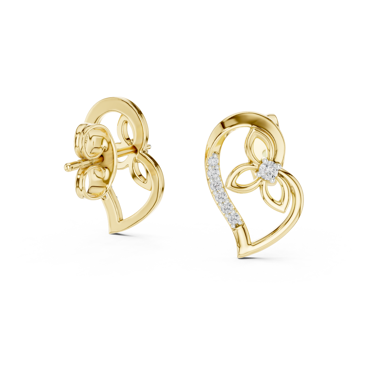 Eternal Heart Floral Diamond Stud Earrings with Round Moissanite Diamonds - View 2