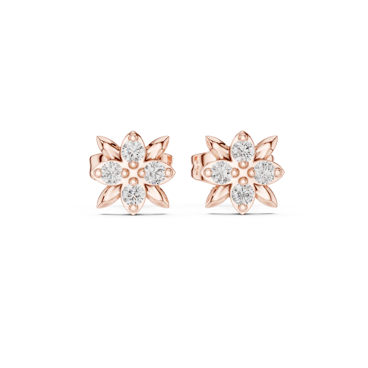 Leaf Petal Round Lab Diamond Flower Stud Earrings with Cluster Center - View 2