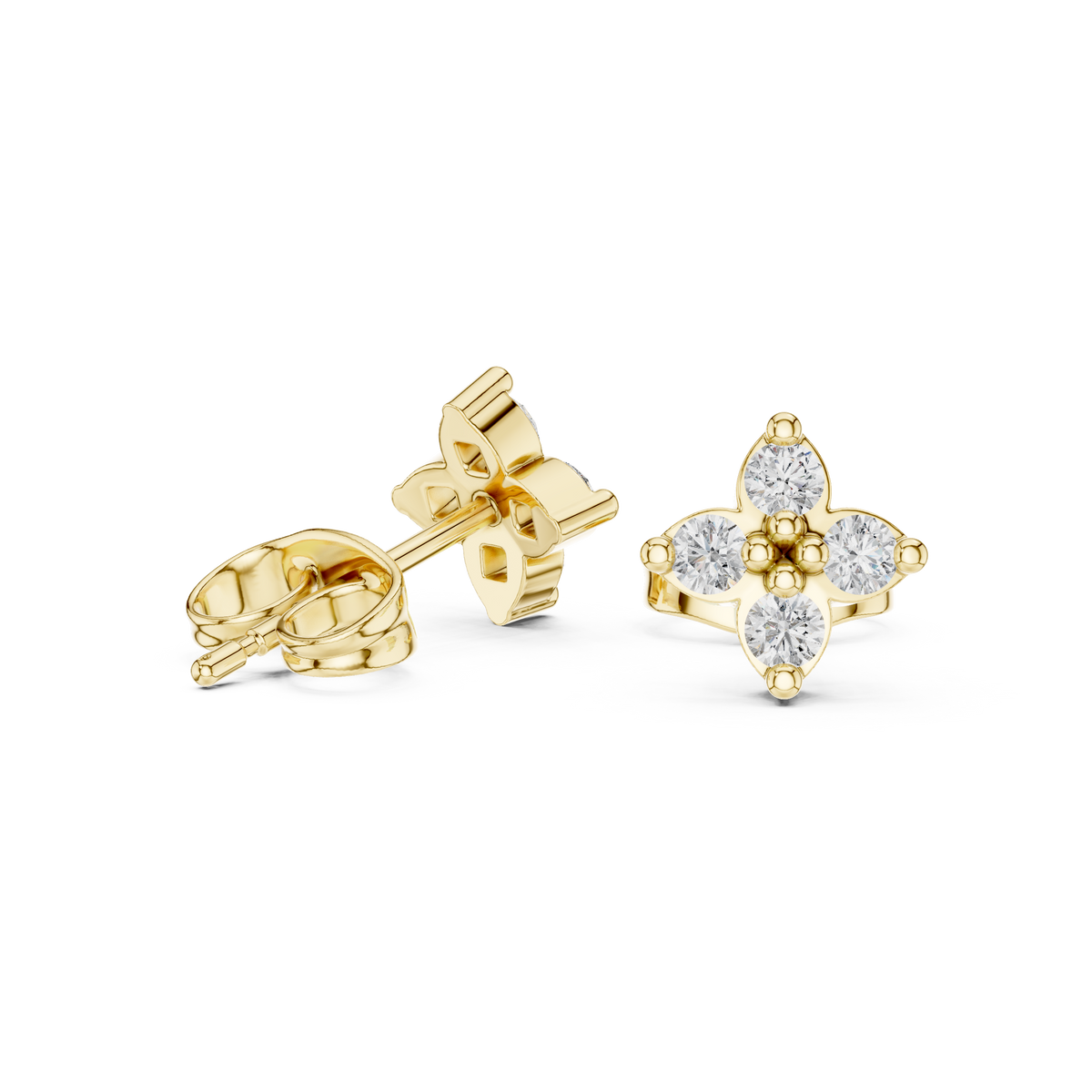 Classic Clover Round Lab Diamond Stud Earrings with Four Petal Cut Design - View 5