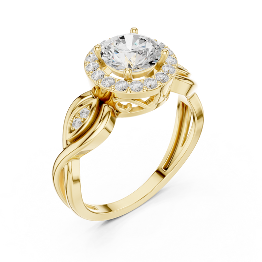 Round Cut Halo Moissanite Diamond Ring with Sculpted Petal Accents - View 2