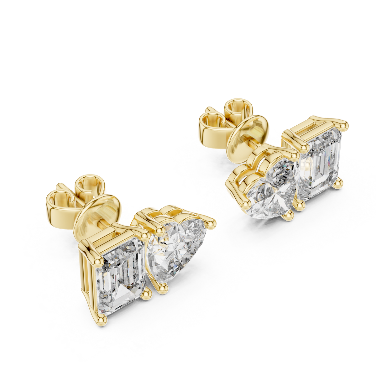 Dual Spark Heart & Emerald Cut Lab Diamond Stud Earrings - View 5