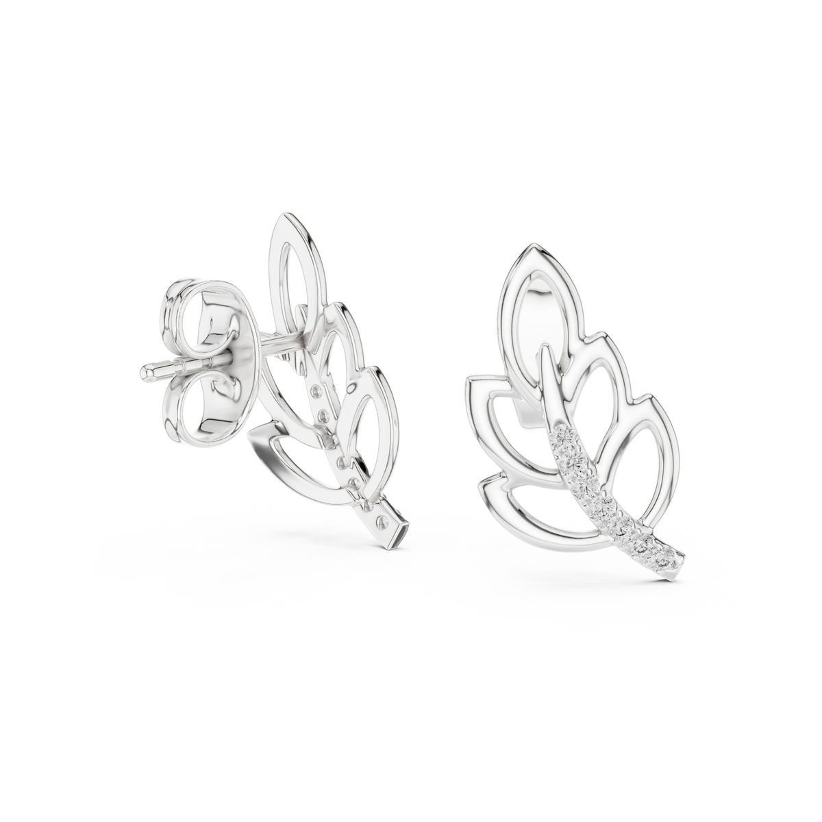 Gold Leaf Stud Earrings with Round Moissanite Diamond Accented Curve Nature Inspired - View 9