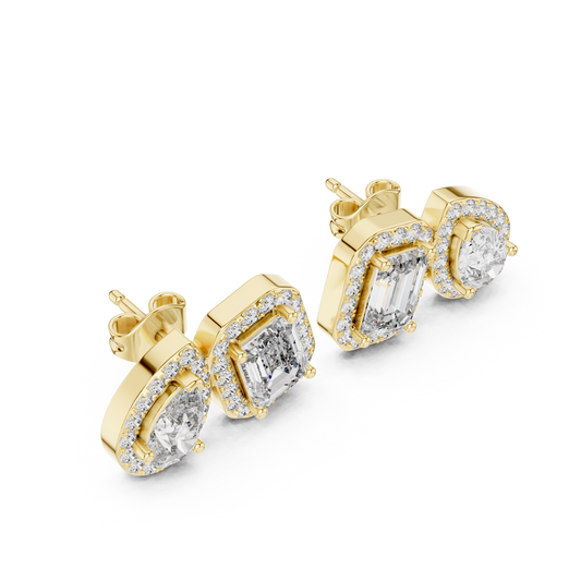 Pear And Emerald Lab Diamond Cluster Earrings Two Stone Halo Studs - View 2