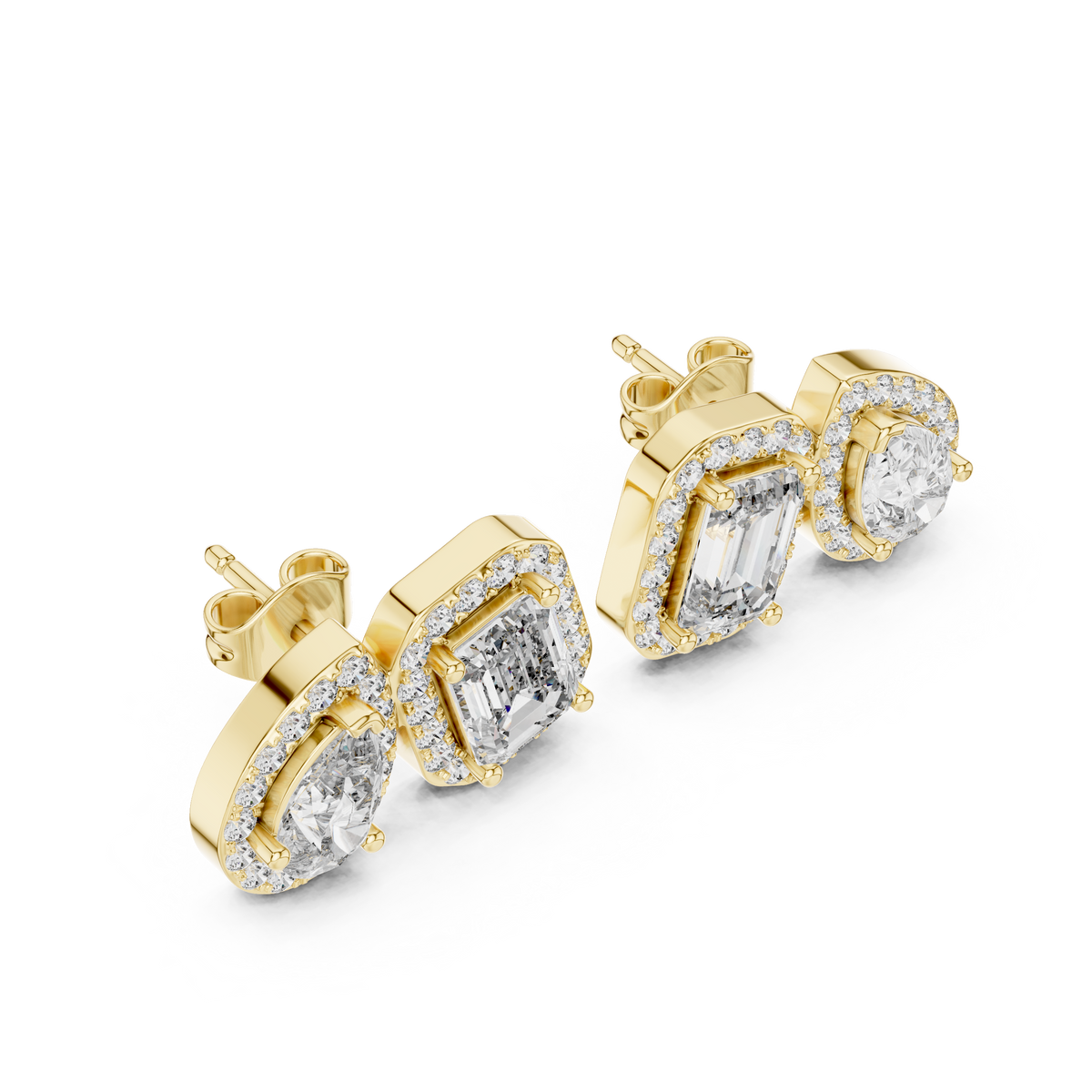 Pear And Emerald Moissanite Diamond Cluster Earrings Two Stone Halo Studs - View 2