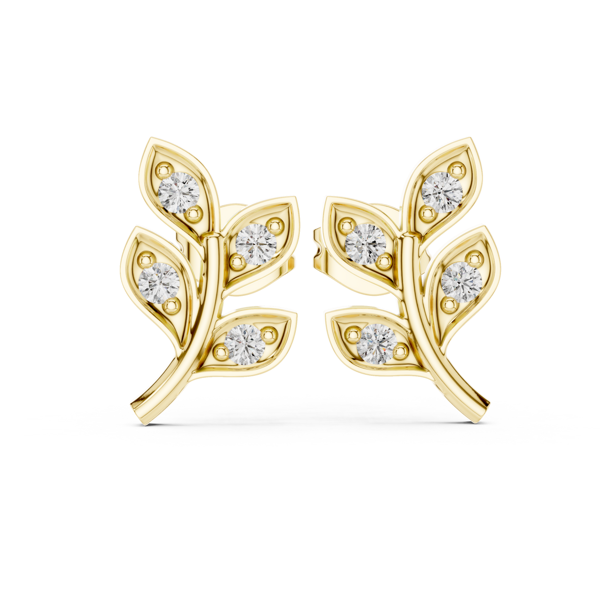 Olive Branch Round Moissanite Diamond Post Earrings Nature Inspired - View 5