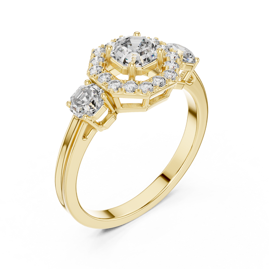 Three Stone Hexagonal Cut Lab Diamond Halo Engagement Ring - View 2