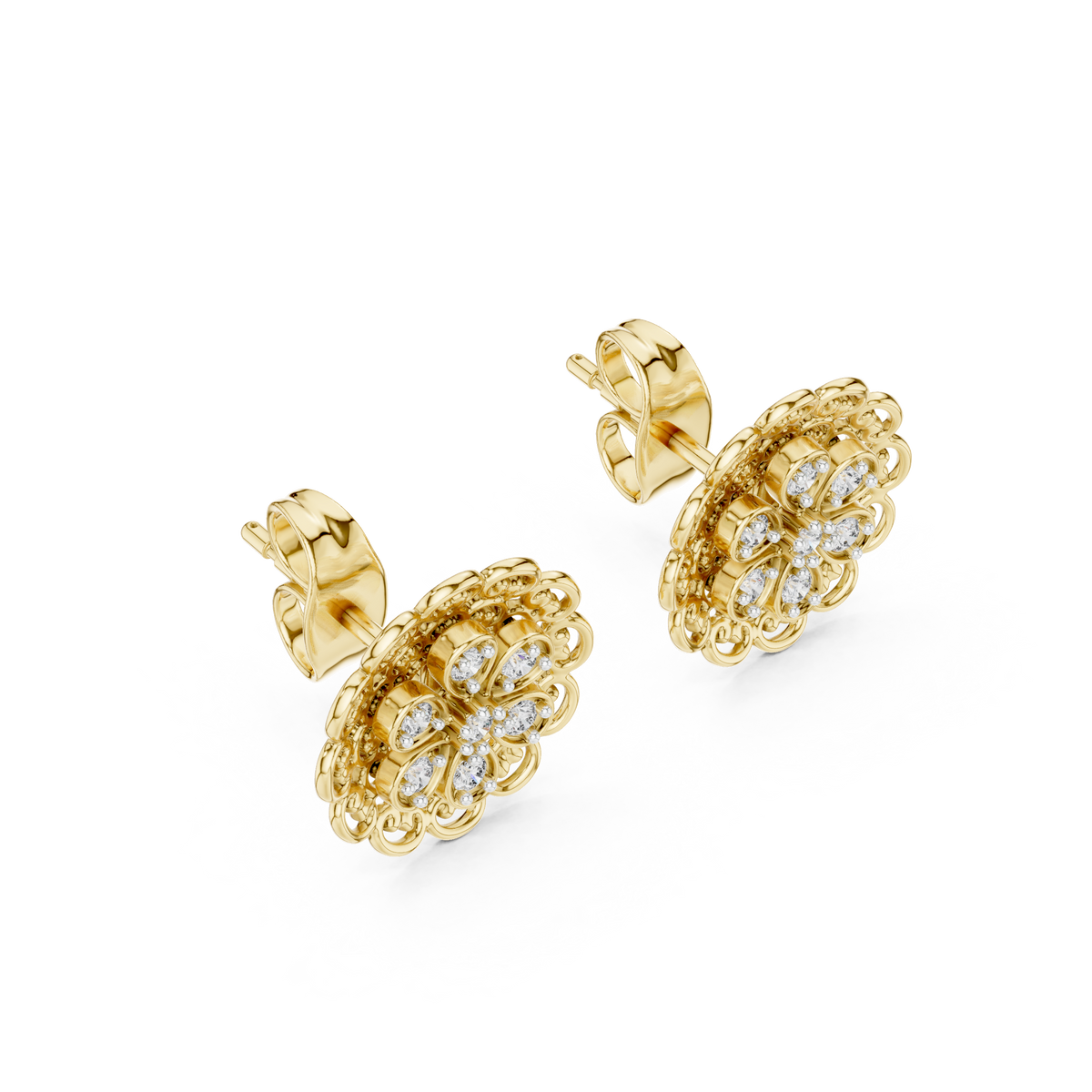 Royal Bloom Floral Stud Earrings Finish with Round Moissanite Diamonds - View 5
