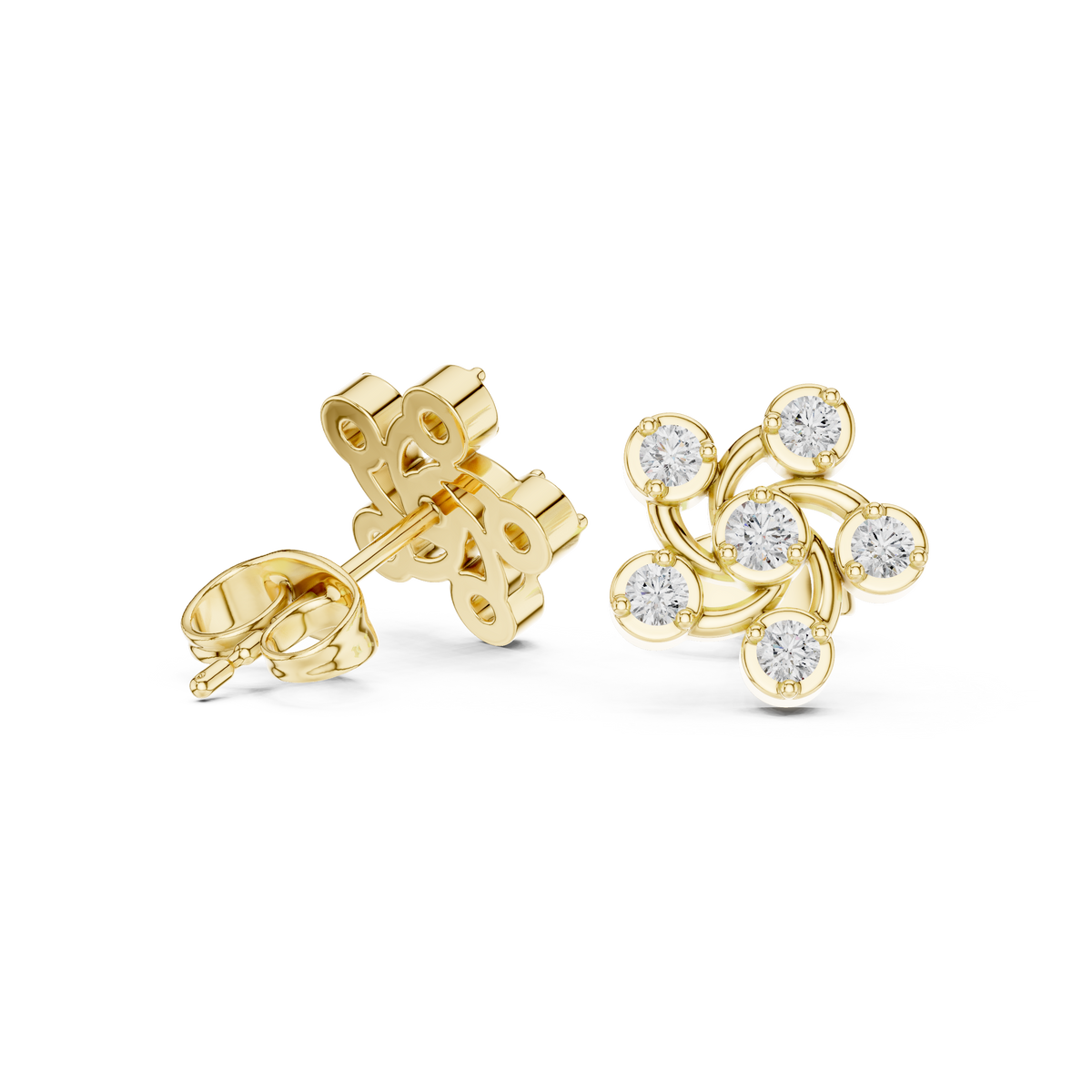 Golden Pinwheel Swirl Cluster Stud Lab Diamond Earrings with Dynamic Circular For Her - View 7