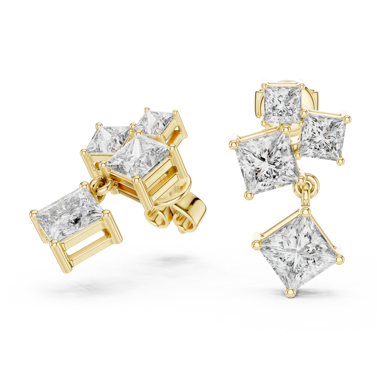 Radiant Prism Princess Cut Moissanite Diamond Drop Earrings With Cluster Accent - View 5