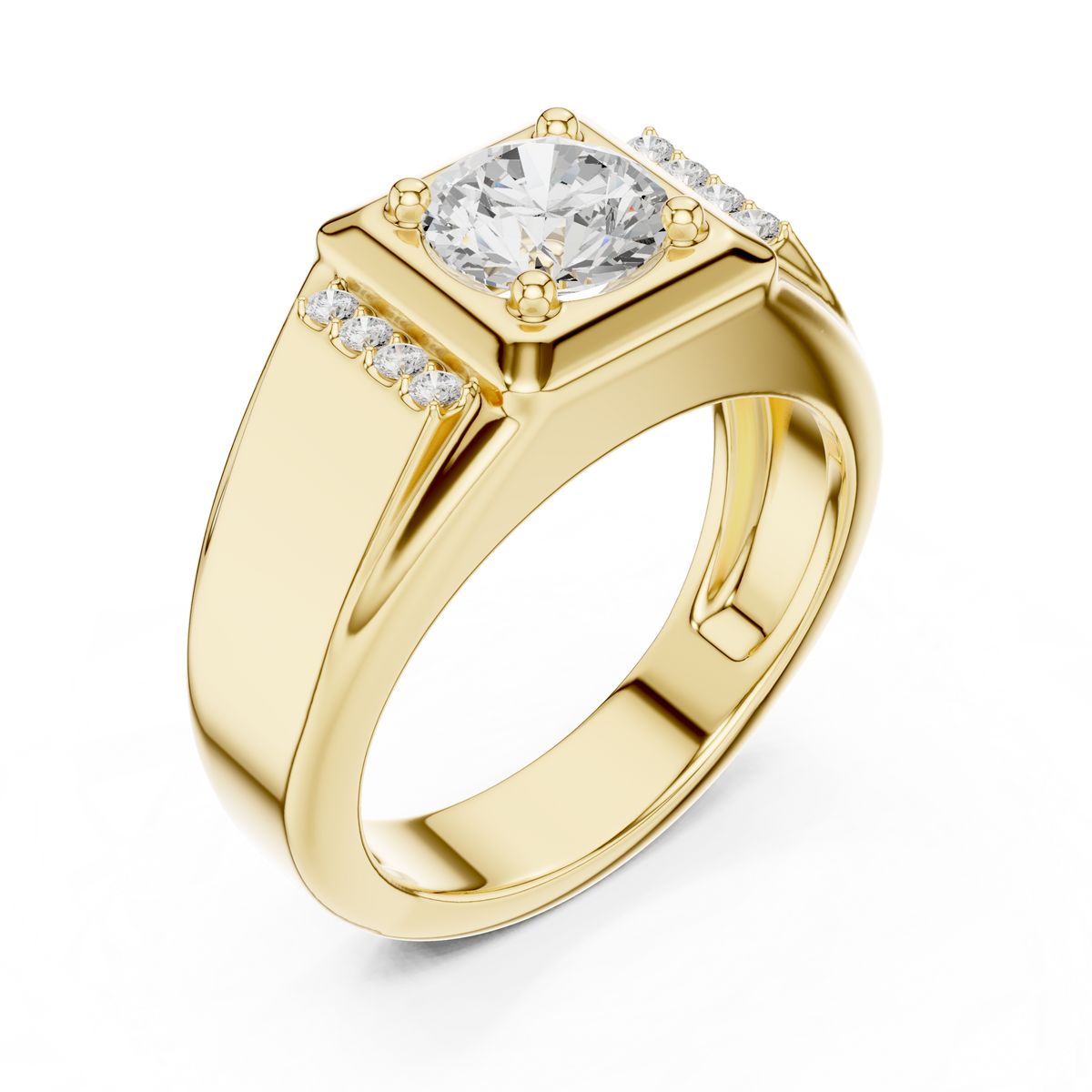 Round Cut Moissanite Diamond Men's Side Channel Accent Gold Band - View 2