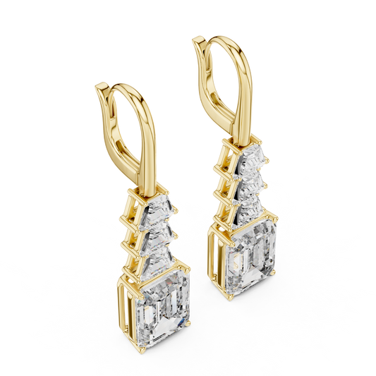 Tiered Step Emerald Cut Moissanite Diamond Drop Earrings Graduated Pyramid Design - View 2