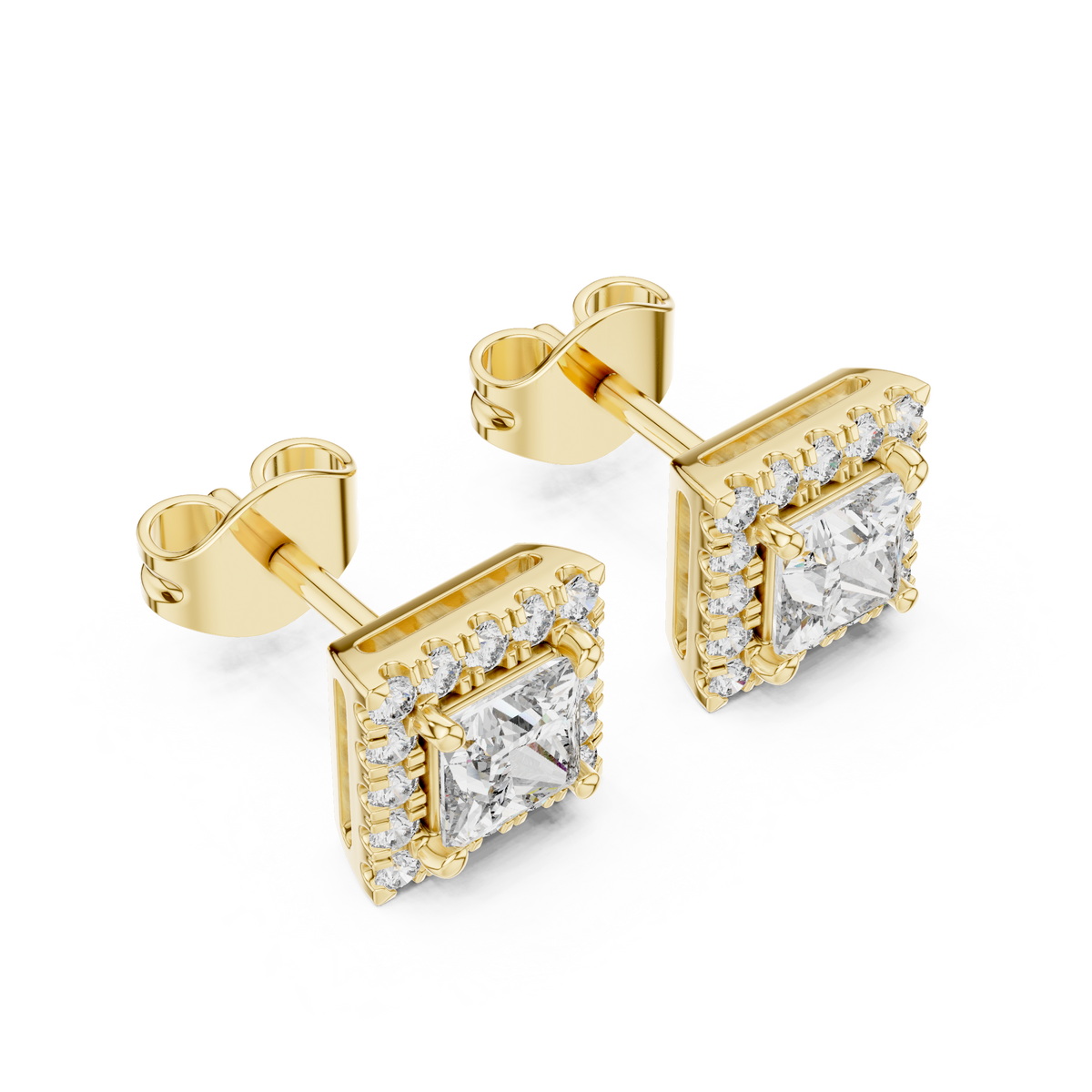Royal Square Princess Lab Diamond Stud Earrings with Halo Round Diamond - View 5