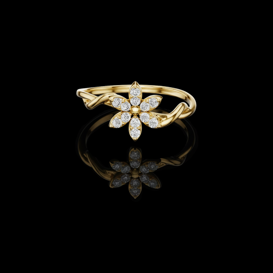 Round Moissanite Diamond Floral Bypass Ring with Twisted Band