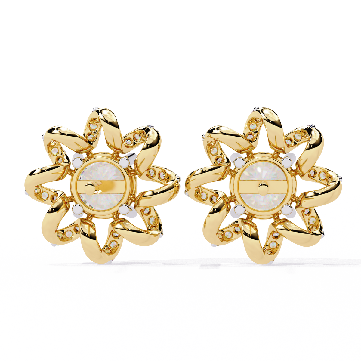 Elegant Floral Halo Stud Moissanite Earrings Featuring Round Cut Center Stones and Pave Crystal Petals - View 7