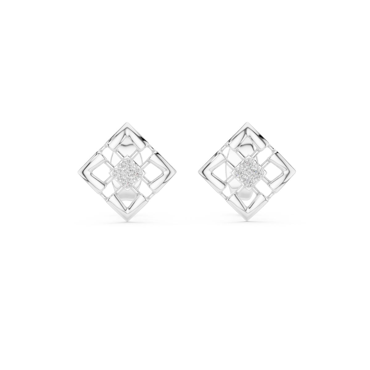 Architectural Geometric Lab Round Diamond Frame Stud Earrings with Floating Accents - View 3