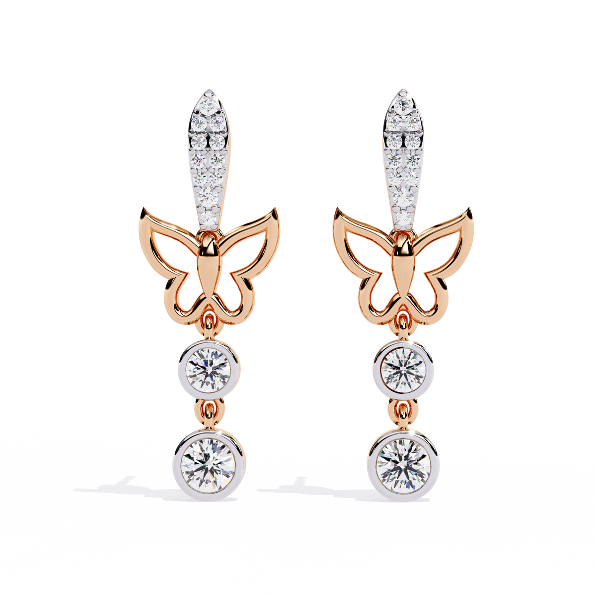 Elegant Butterfly Moissanite Diamond Drop Earrings with Pave Accents and Bezel Set Round Diamonds - View 2