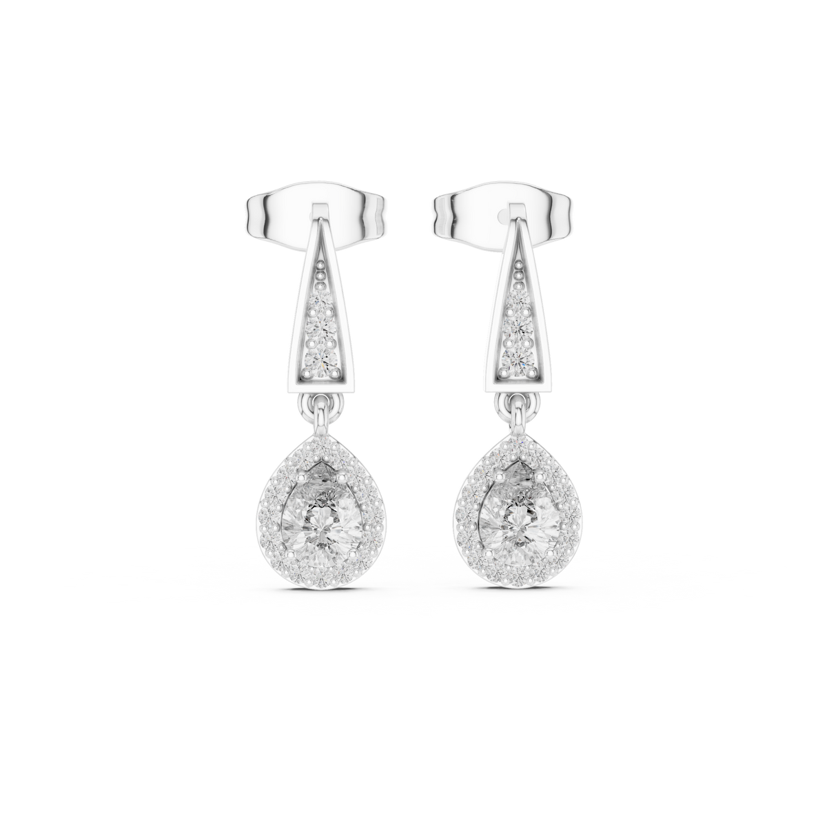 Geometric Chevron Pear Cut Moissanite Diamond Halo Drop Earrings - View 3