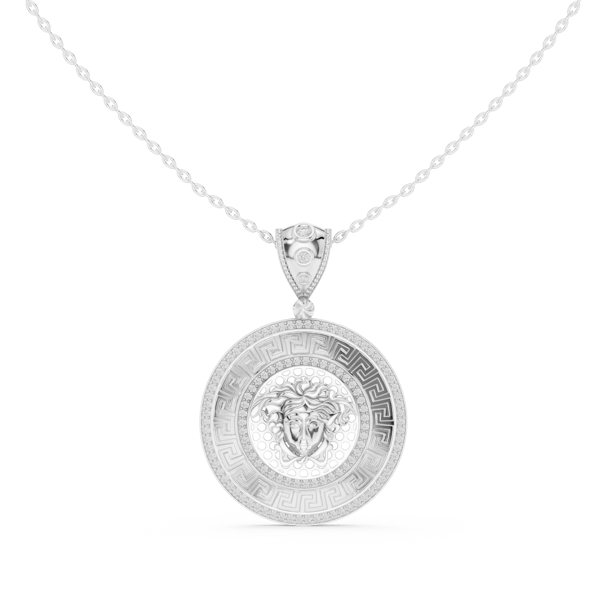 Greek Key Pattern Border Statement Pendant with Round Moissanite Diamond - View 3
