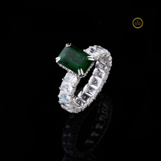 Green Radiant Lab Diamond Wedding Band With Side Stone Eternity Ring - View 2