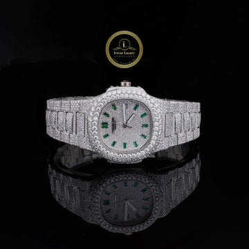 Iced Round Vision Lab Grown Diamond Watch – Fully Custom Luxury Timepiece with Emerald Green Accents Hour Markers and Pave Setting by Ivevar