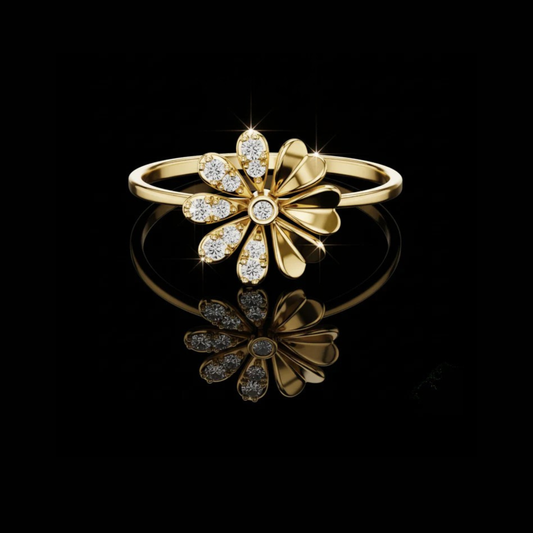 Round Cut Moissanite Diamond Daisy Flower Ring with Bezel Center