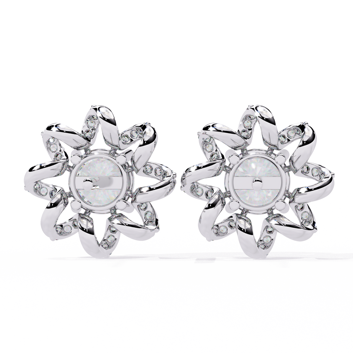 Elegant Floral Halo Stud Moissanite Earrings Featuring Round Cut Center Stones and Pave Crystal Petals - View 9